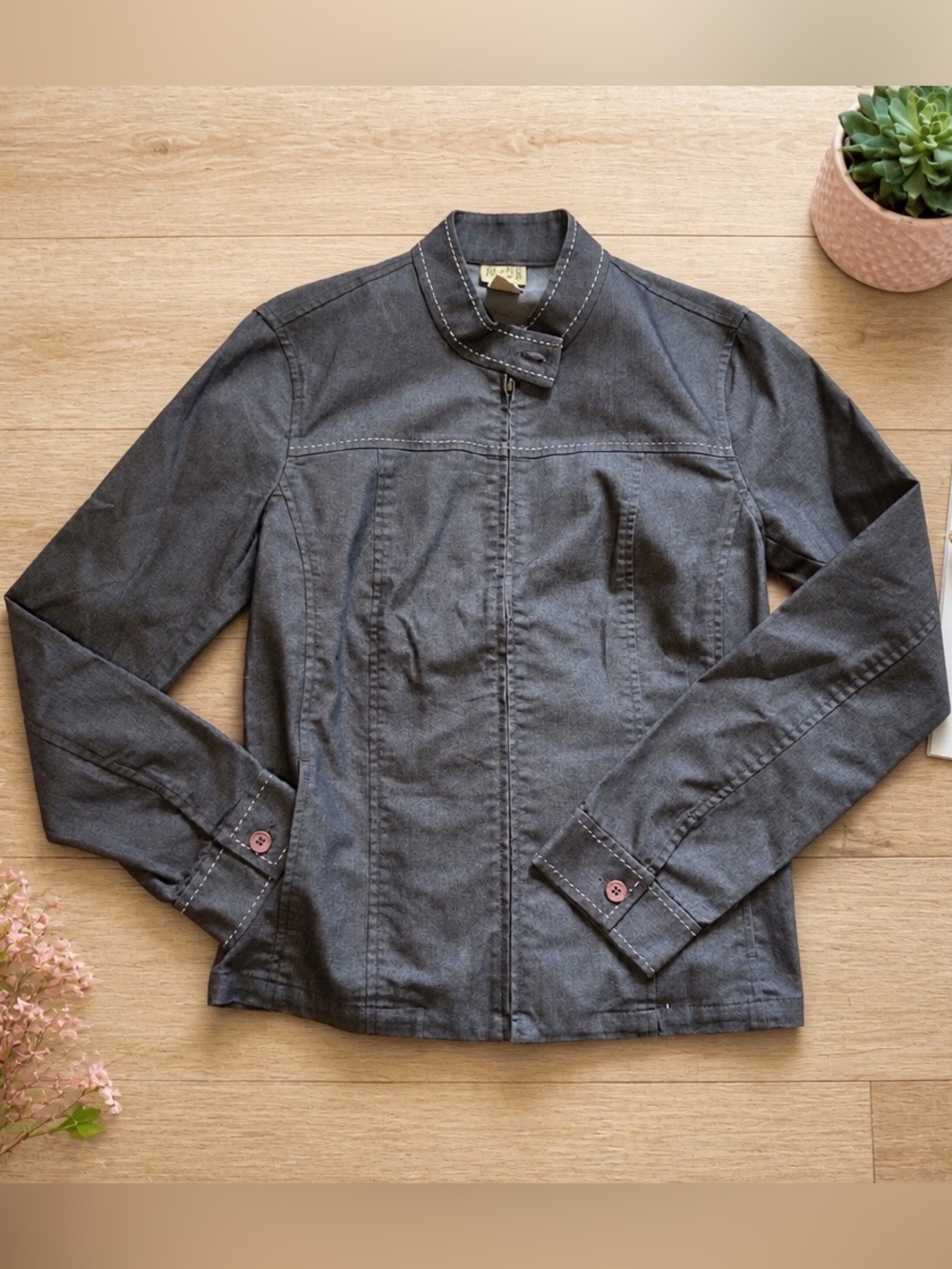 Lightweight Denim Jacket w/ White stitching & Mandarin Collar zipper closure XS